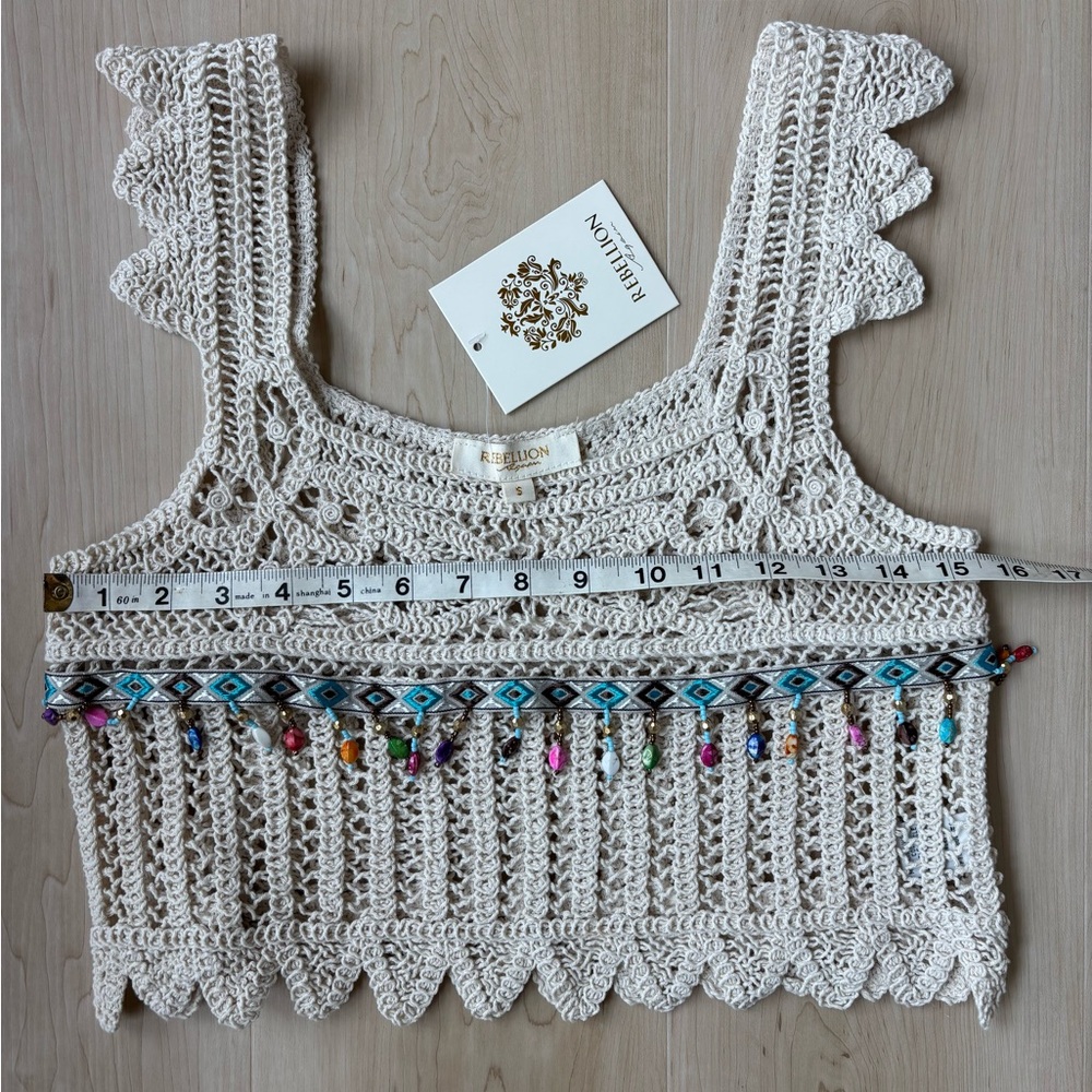 Crochet Ivory Beaded Boho Cropped Knit Tank Top - Picture 10 of 12